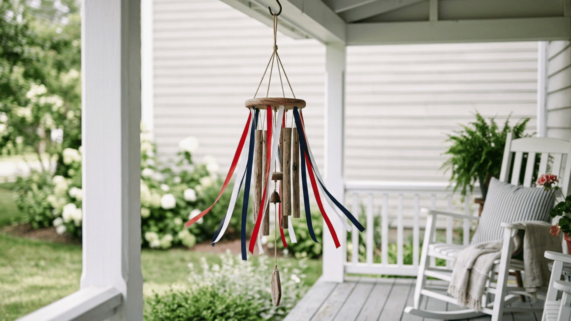 wind chime with ribbons and small metal pieces hanging outdoors creating calm sound and decor