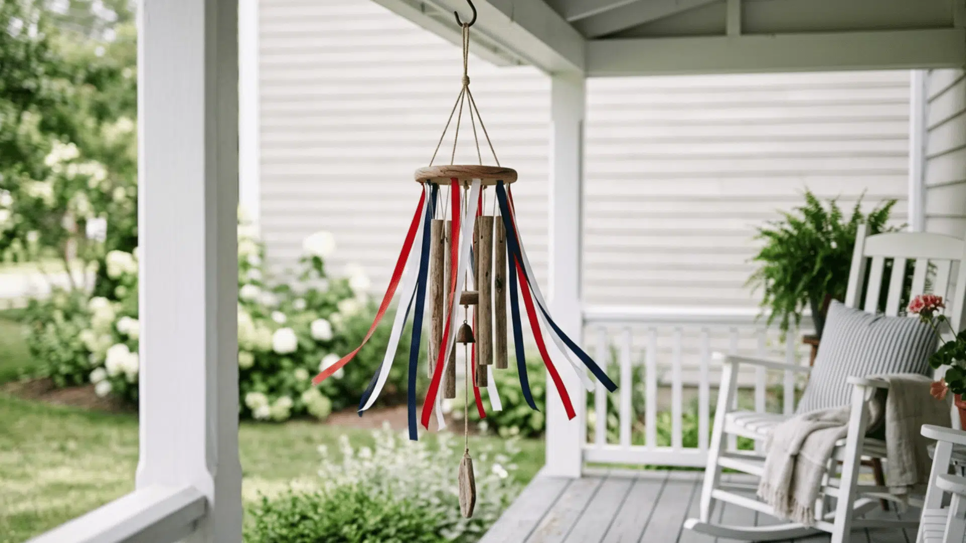 wind chime with ribbons and small metal pieces hanging outdoors creating calm sound and decor