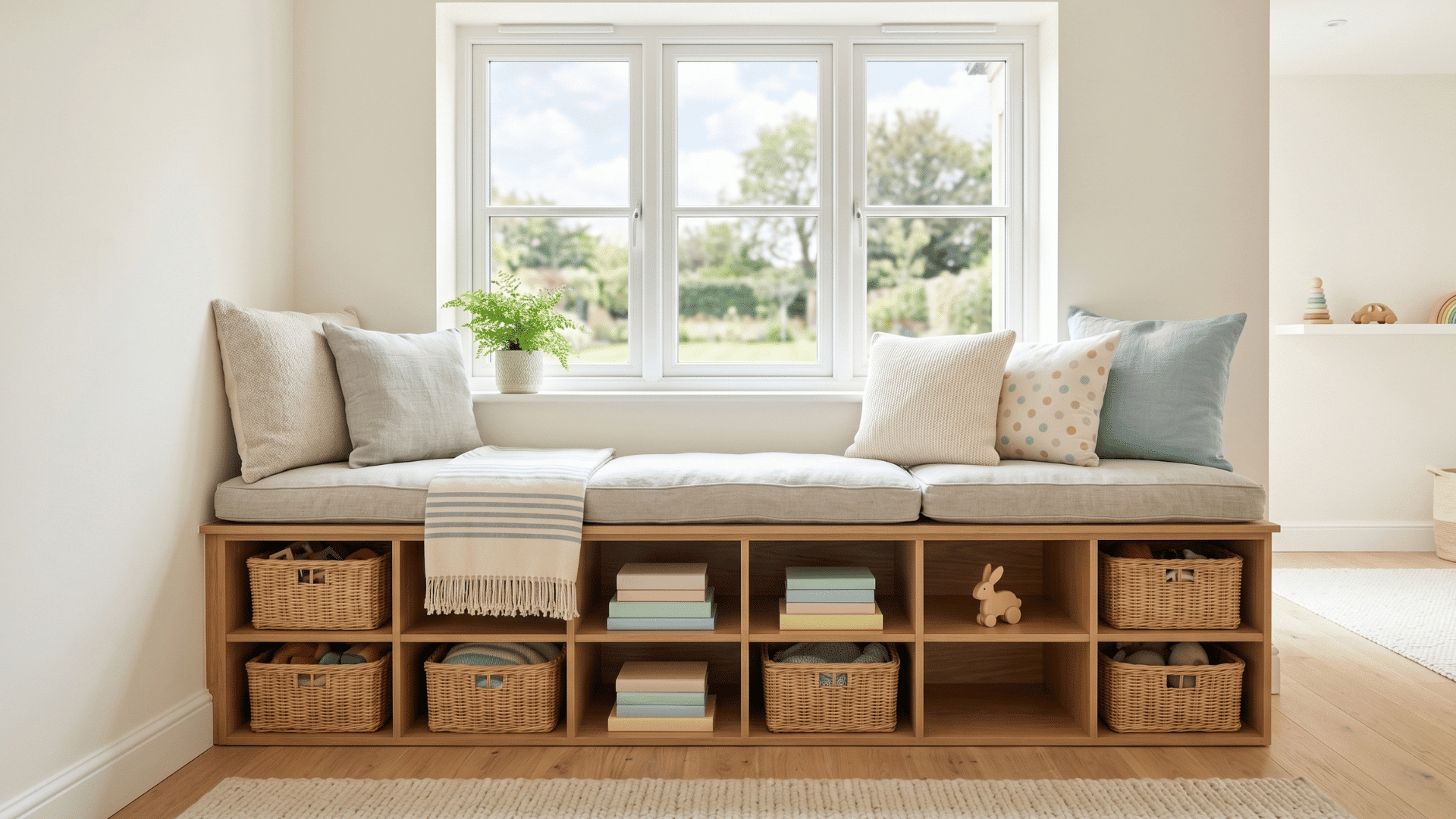 window bench with cubbies and baskets soft light clean layout minimal decor calm playroom scene