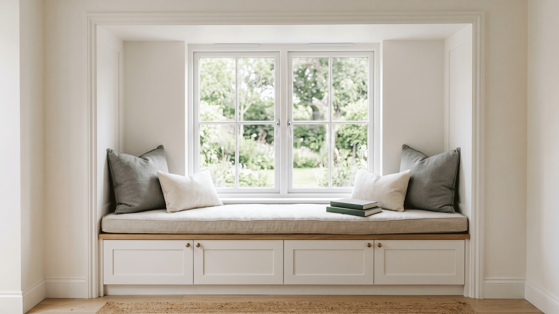 window seat with cushion and storage below in a bright minimal space