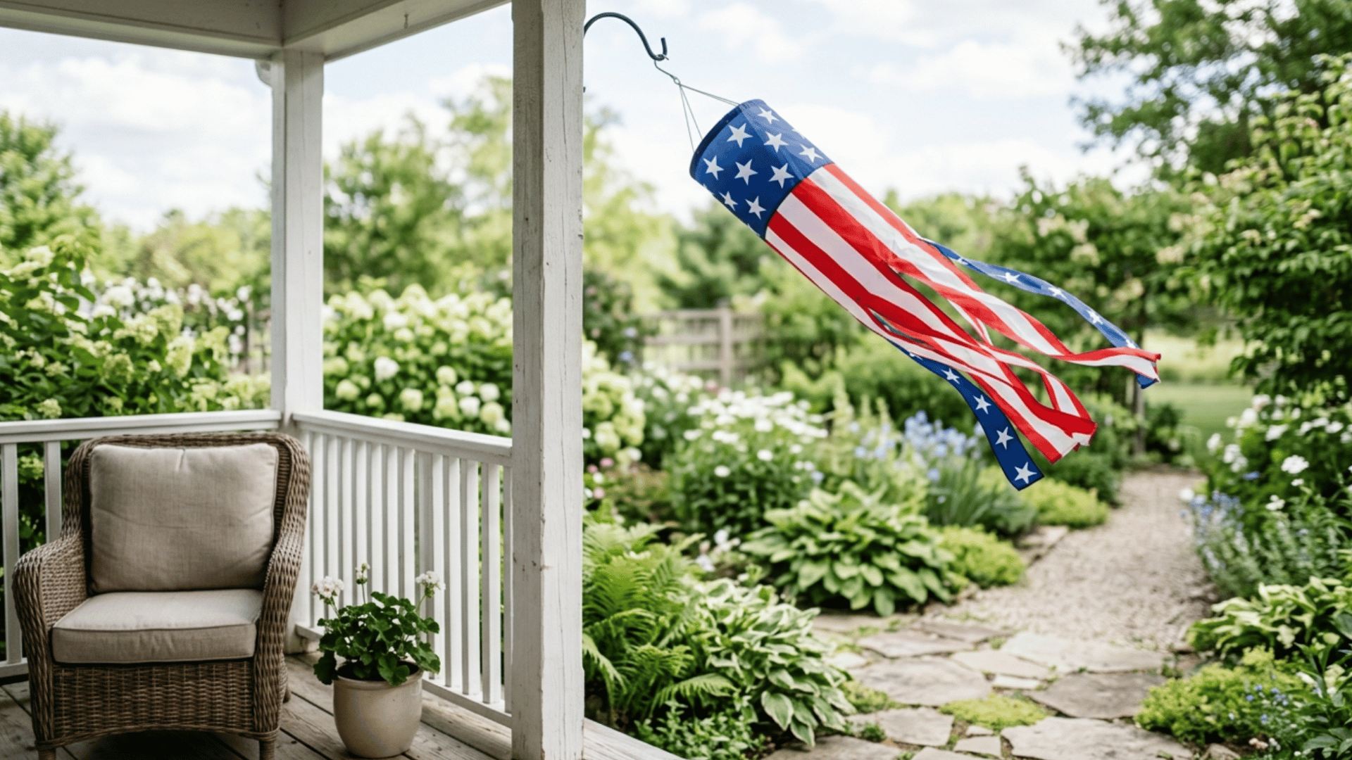 windsock in red white blue hanging outdoors moving gently in breeze for festive decor
