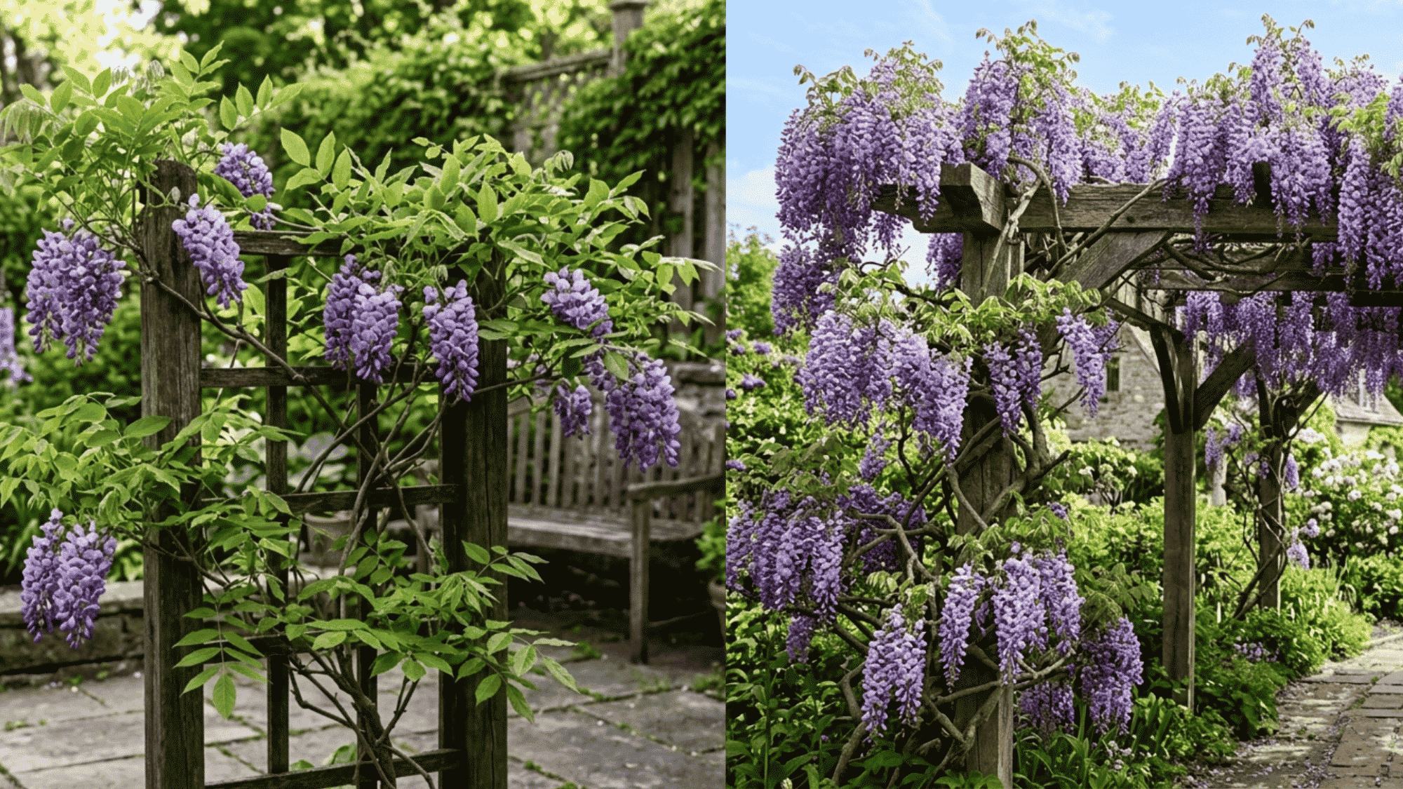 wisteria vine climbing wooden trellis and pergola with cascading purple flowers in lush garden setting