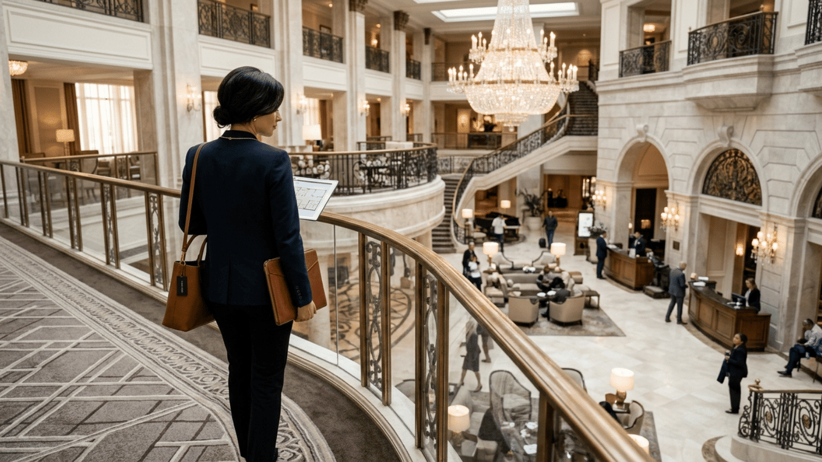 woman in business attire standing on an upper-level balcony, reviewing documents while overlooking an elegant hotel lobby with chandeliers and guests below