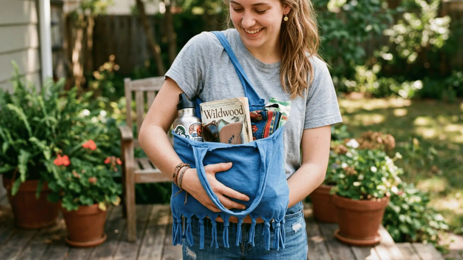 women hanging no sew t shirt tote bag, simple diy reuse idea to keep you items