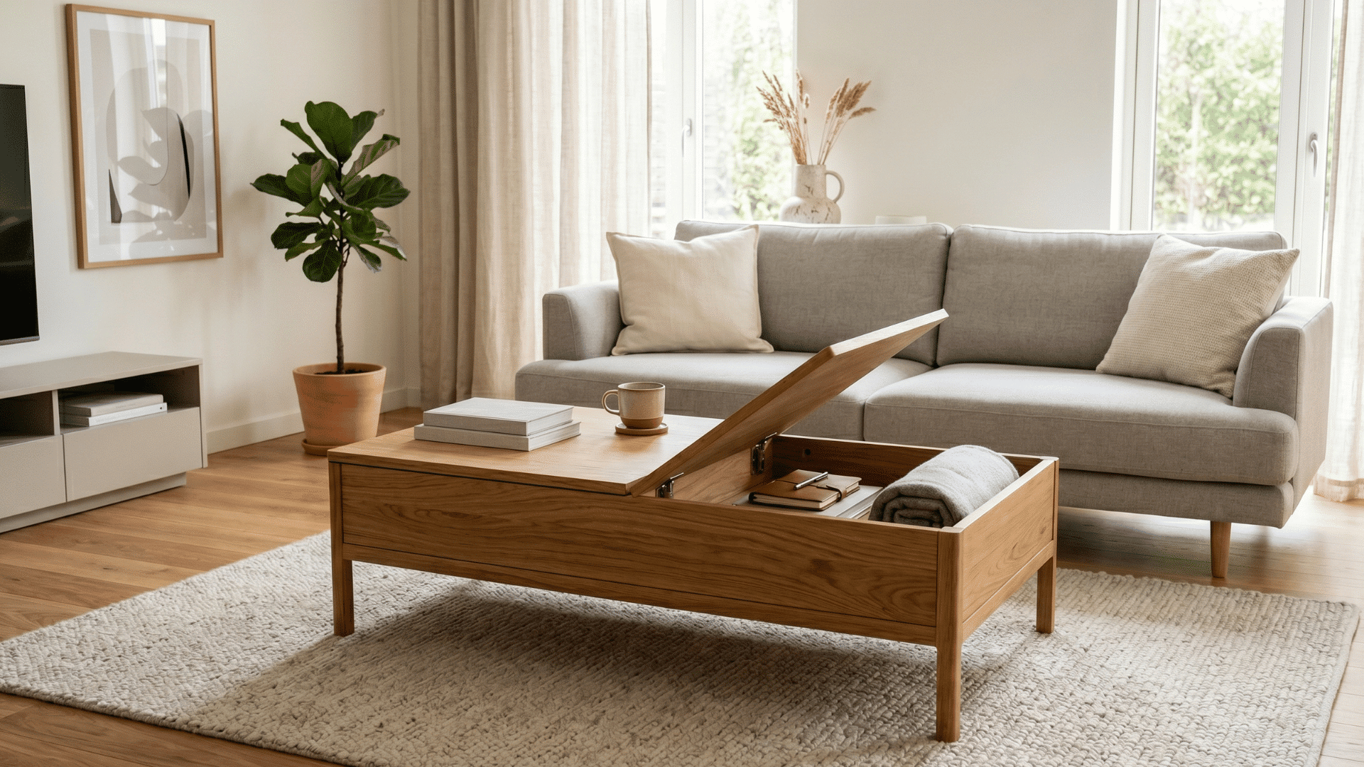 wood coffee table with lift top showing hidden storage inside a clean living room