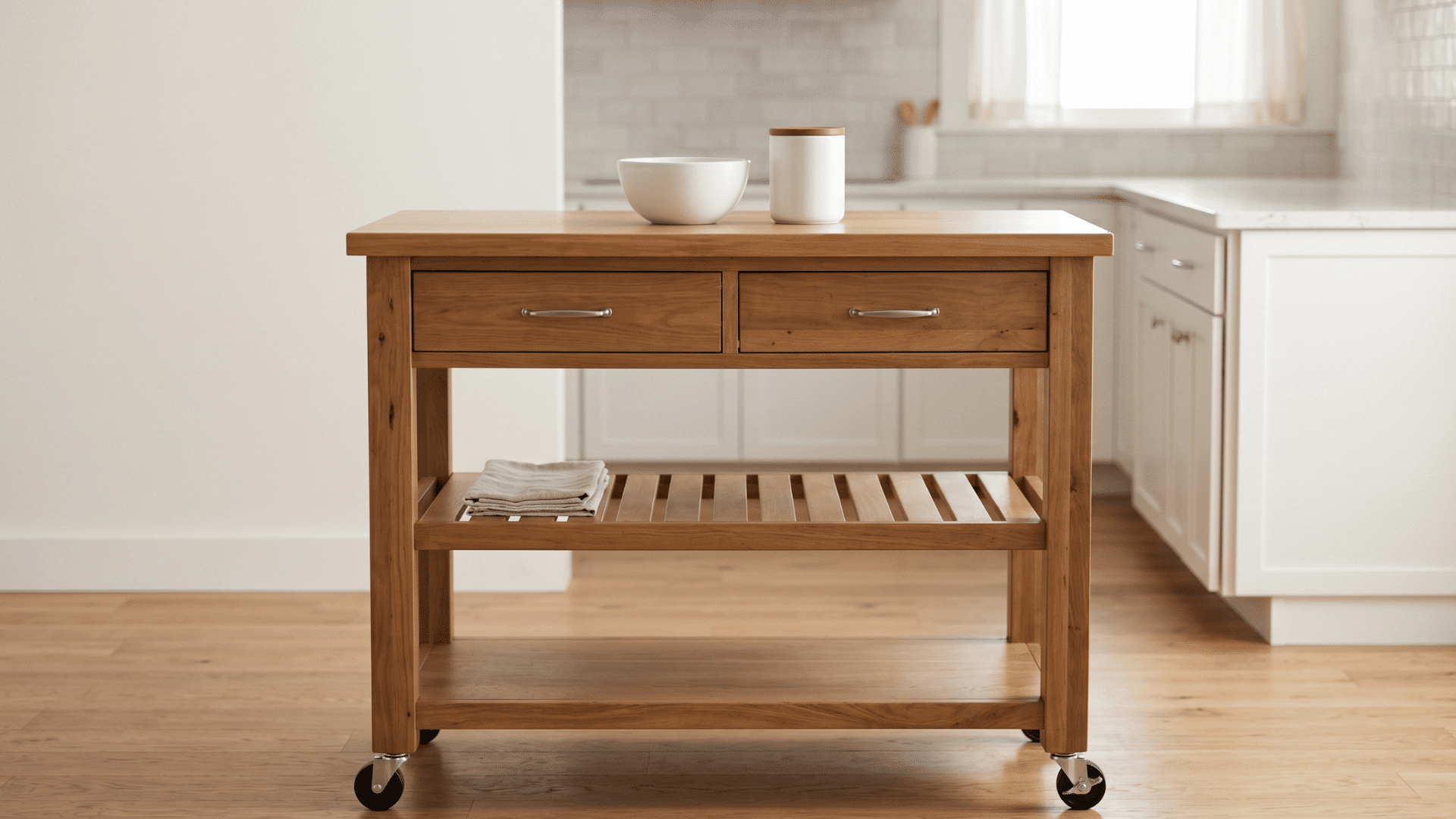 wood kitchen cart with wheels and clean countertop in minimal kitchen