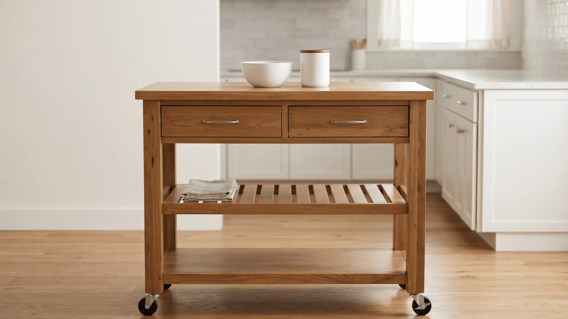 wood kitchen cart with wheels and clean countertop in minimal kitchen