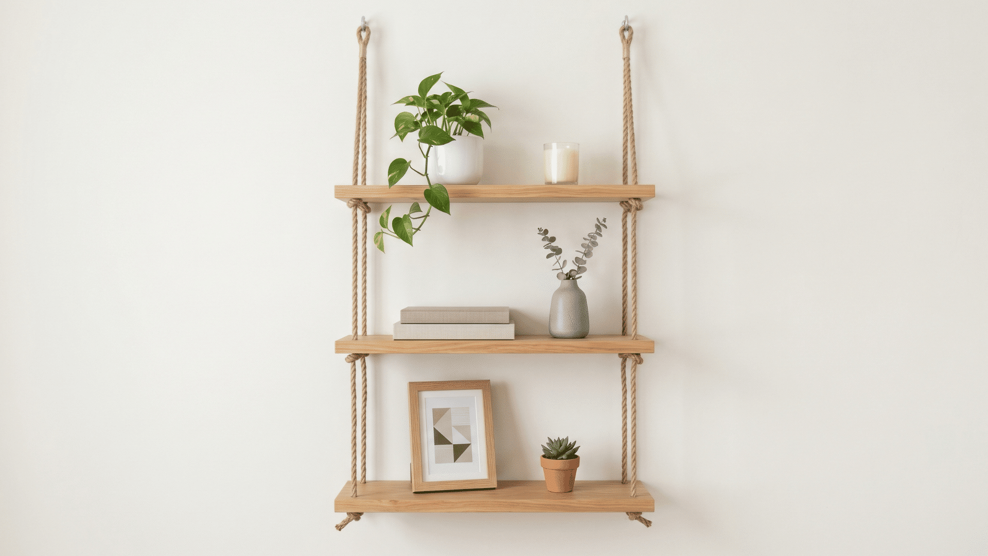 wood shelves hanging with rope from ceiling in a minimal room