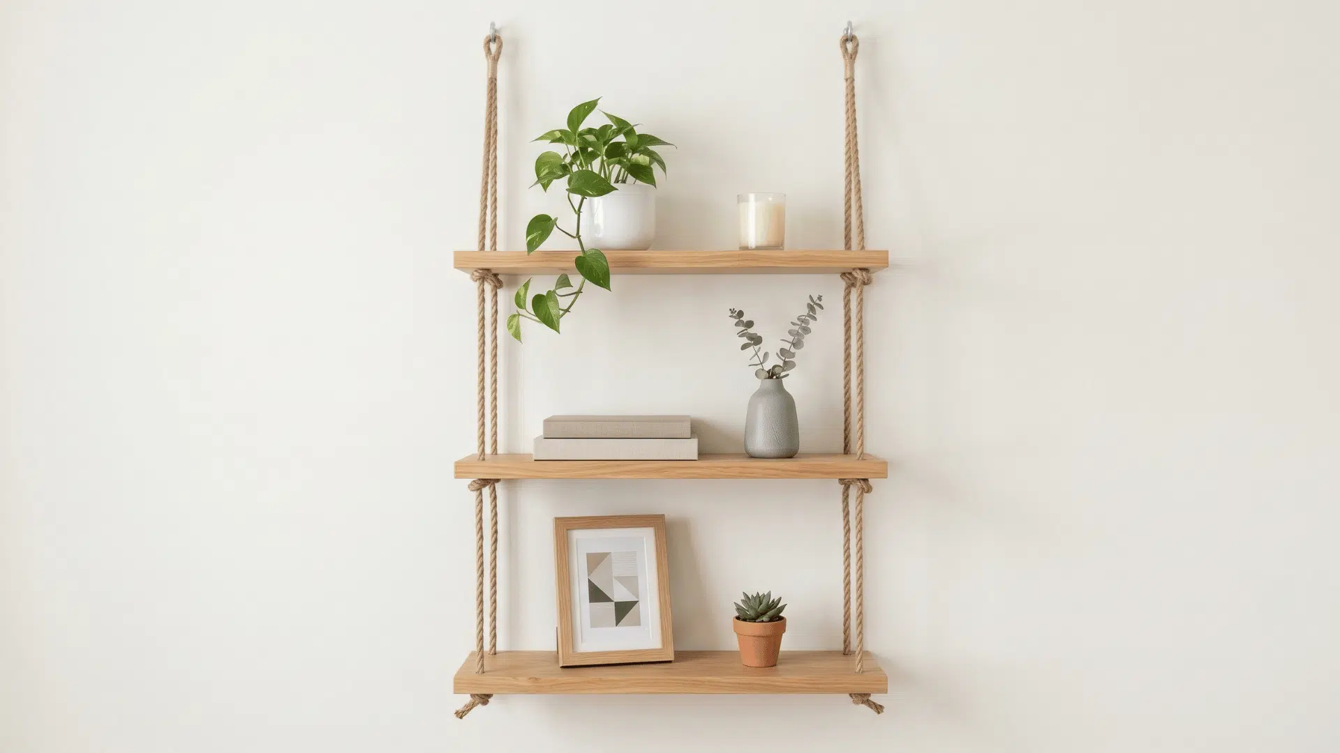 wood shelves hanging with rope from ceiling in a minimal room