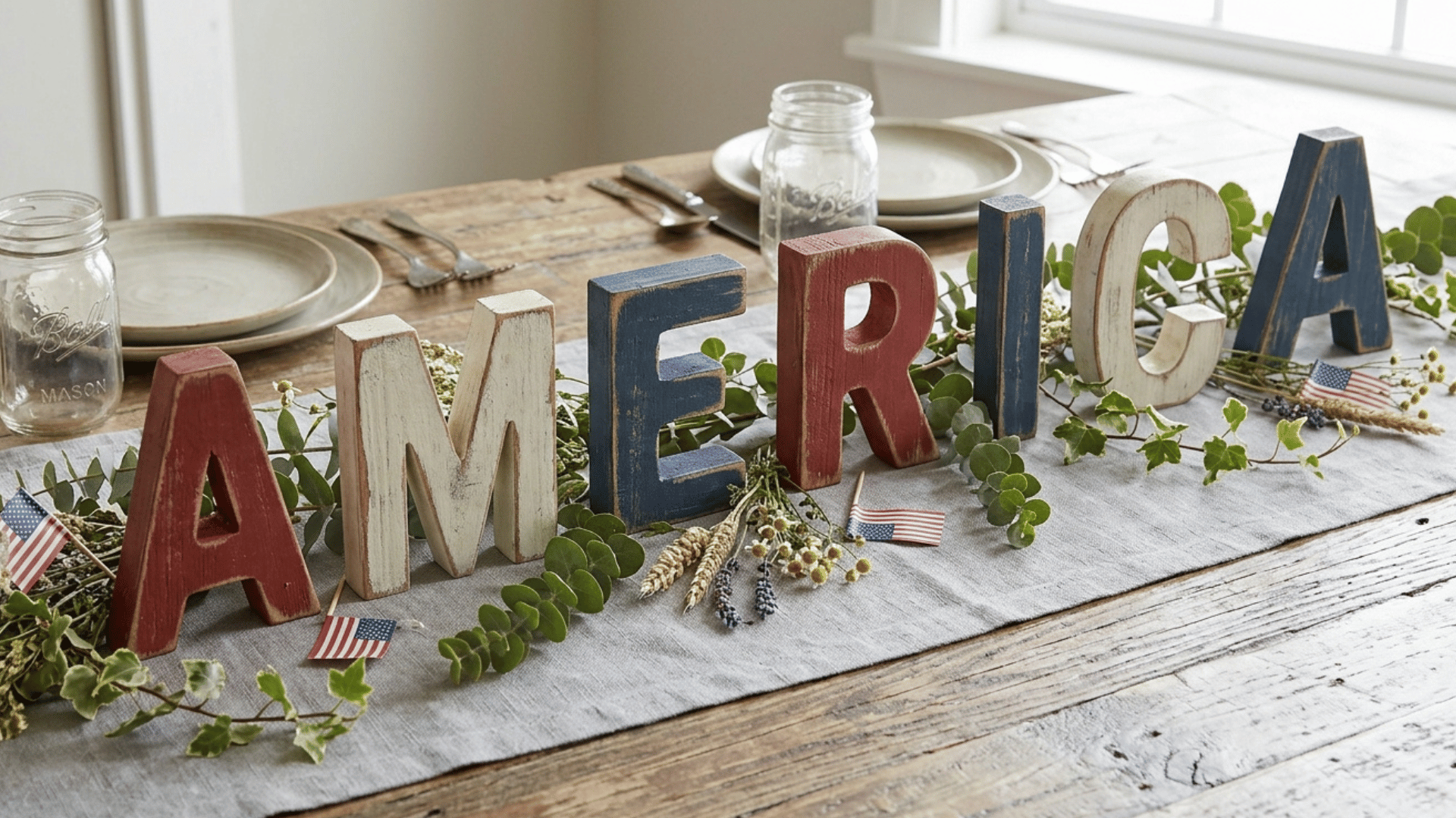 wooden “America” letters centerpiece with greenery and small flags on table.