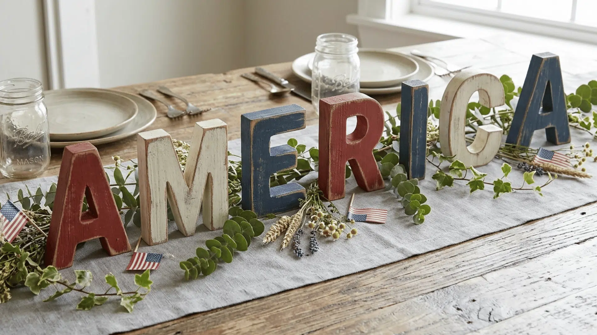wooden “America” letters centerpiece with greenery and small flags on table.