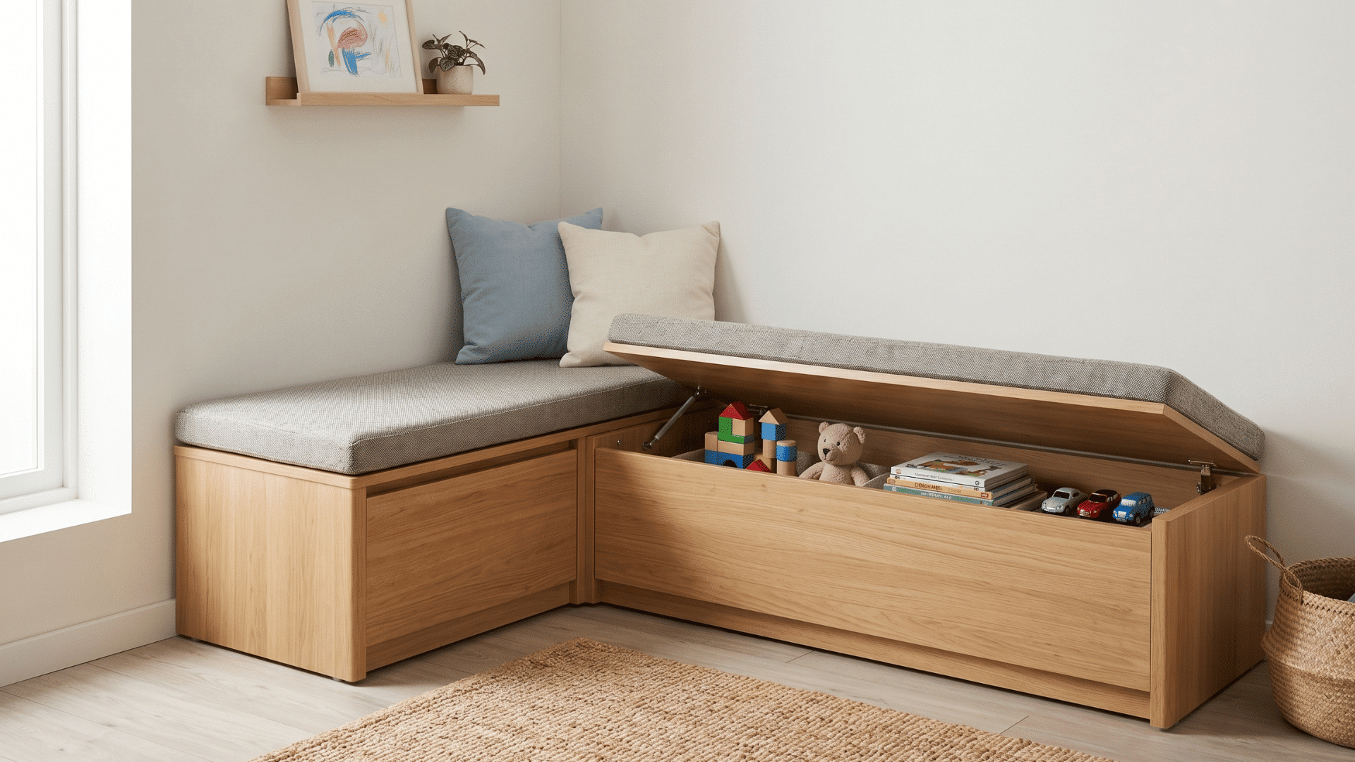 wooden bench with cushion lid slightly open toys inside clean corner soft daylight simple organized space