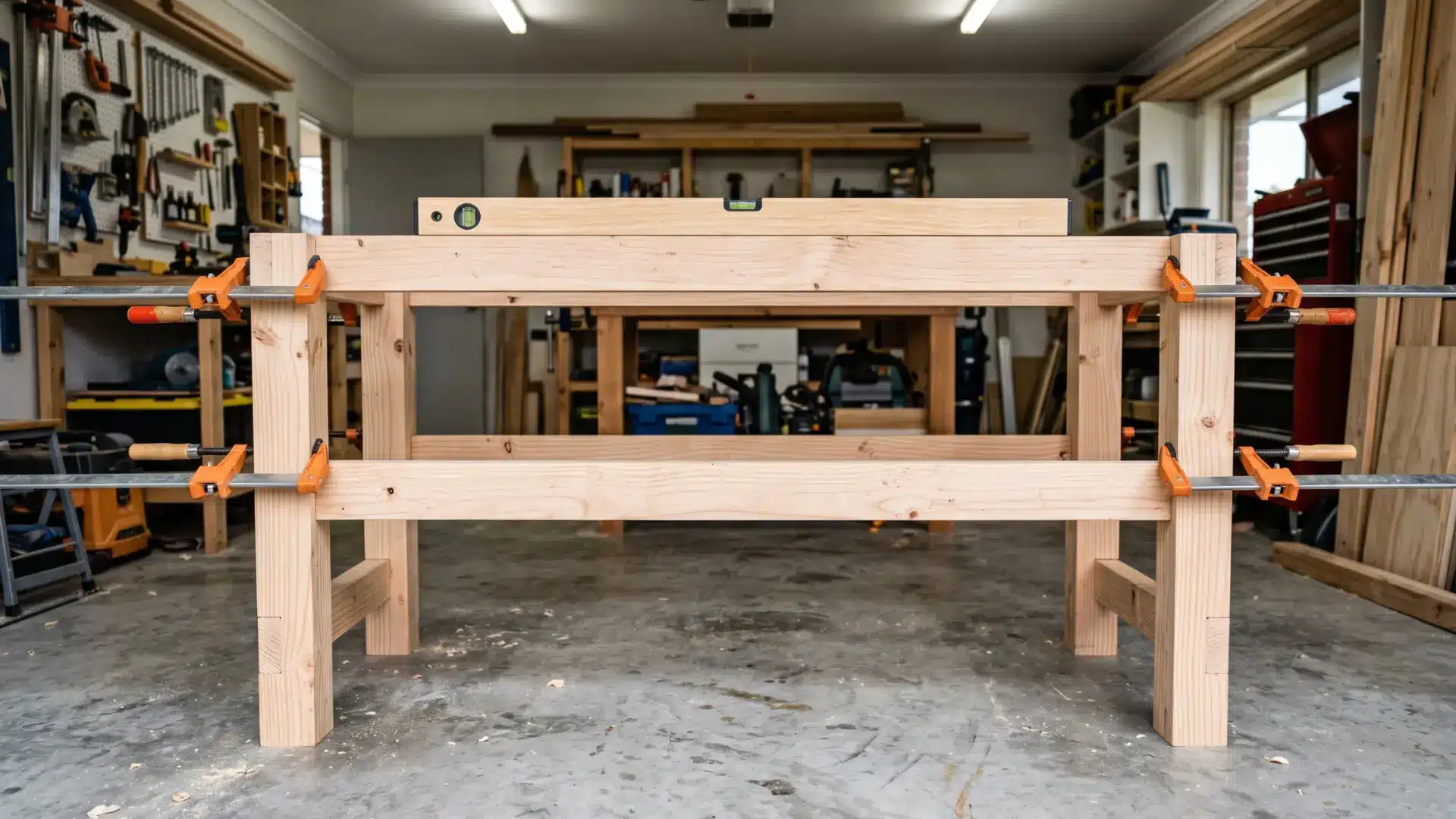 wooden end frames standing upright on a garage floor being connected by long horizontal timber side rails, clamps holding everything in position
