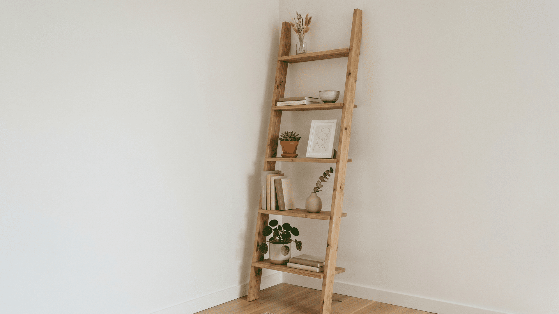 wooden ladder shelf placed in a corner with books and plants in a minimal room