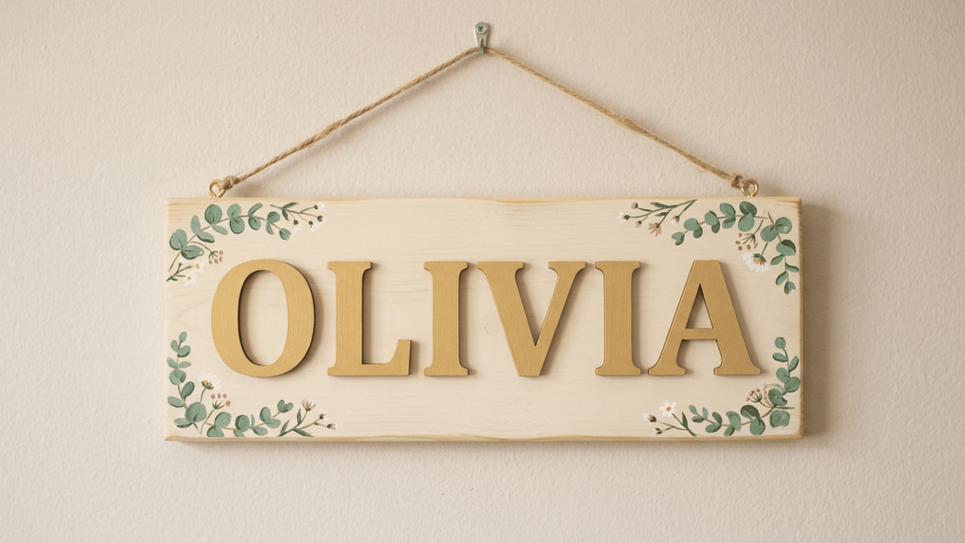 wooden name sign painted and displayed on wall with clean and personal decor style
