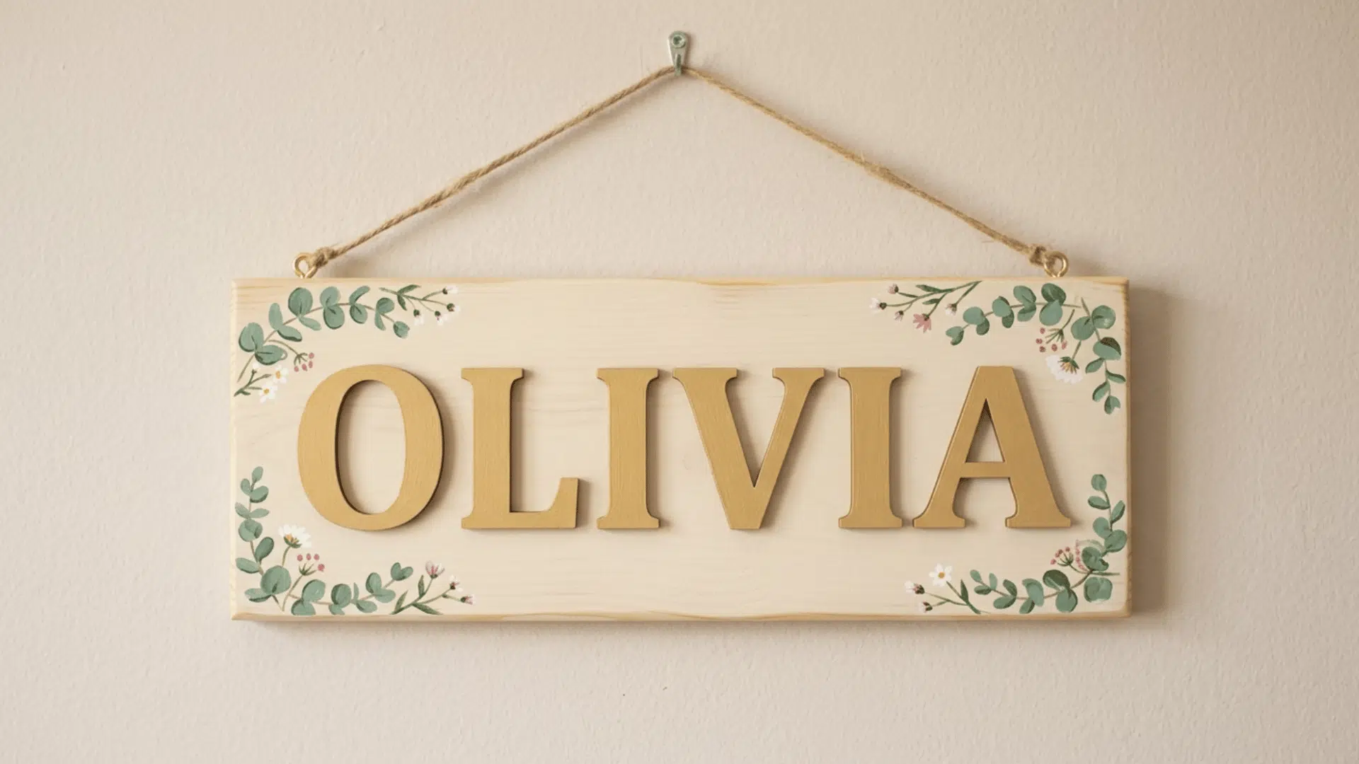 wooden name sign painted and displayed on wall with clean and personal decor style
