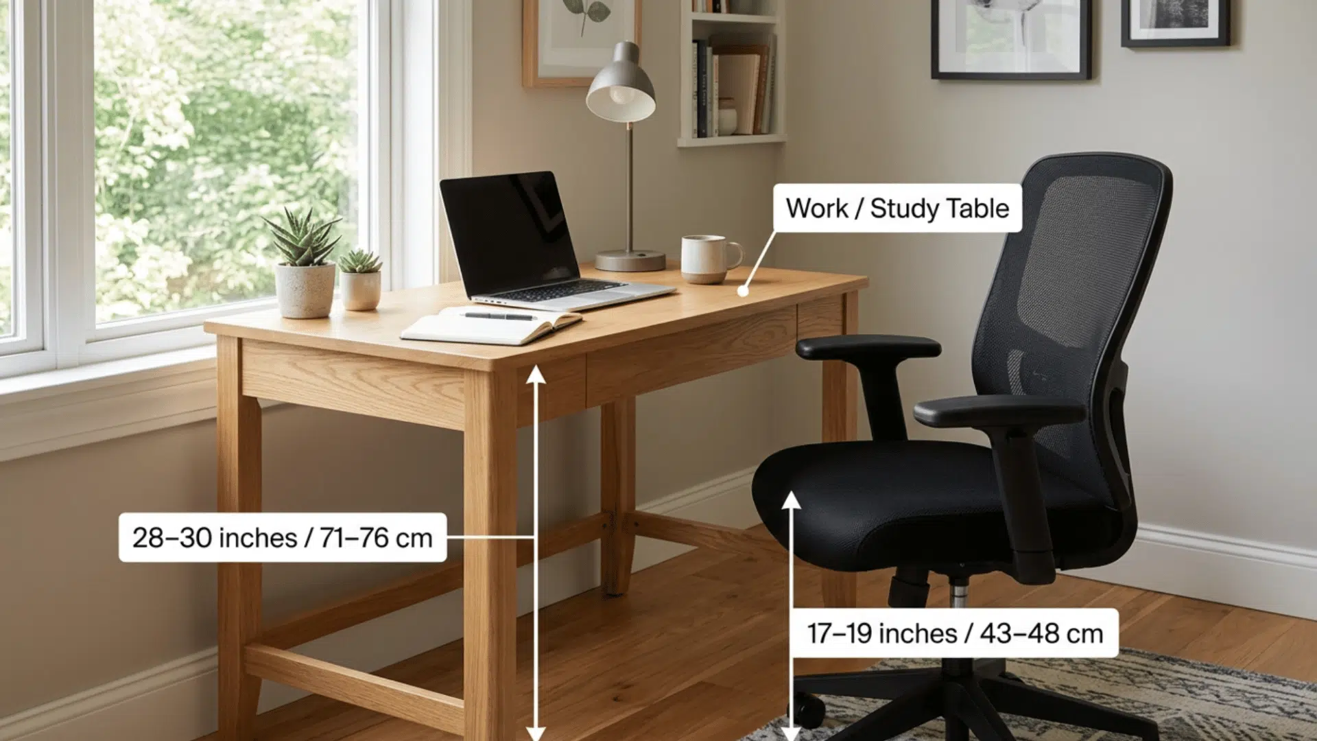 work study table with chair showing 28–30 inch table height and 17–19 inch chair seat height