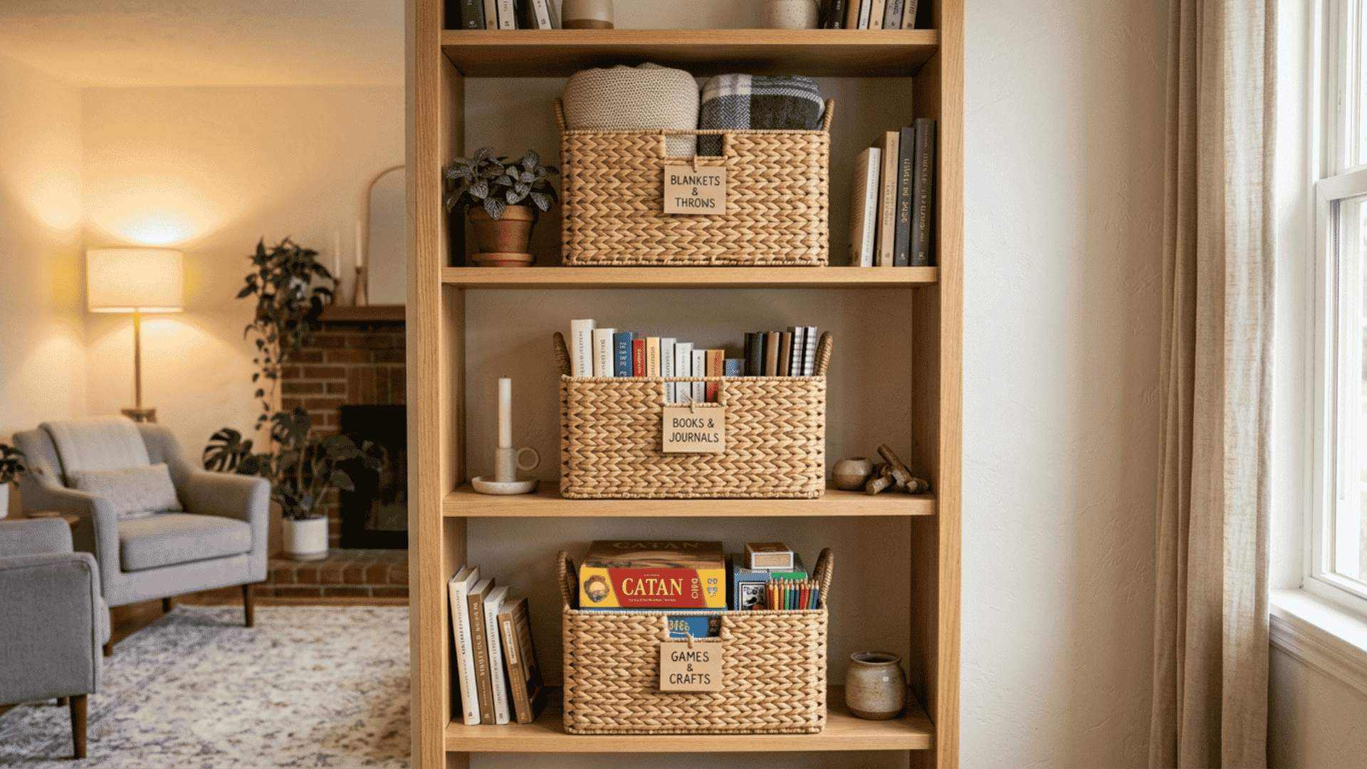 woven storage baskets placed neatly on living room shelves with labels and items tucked inside each one