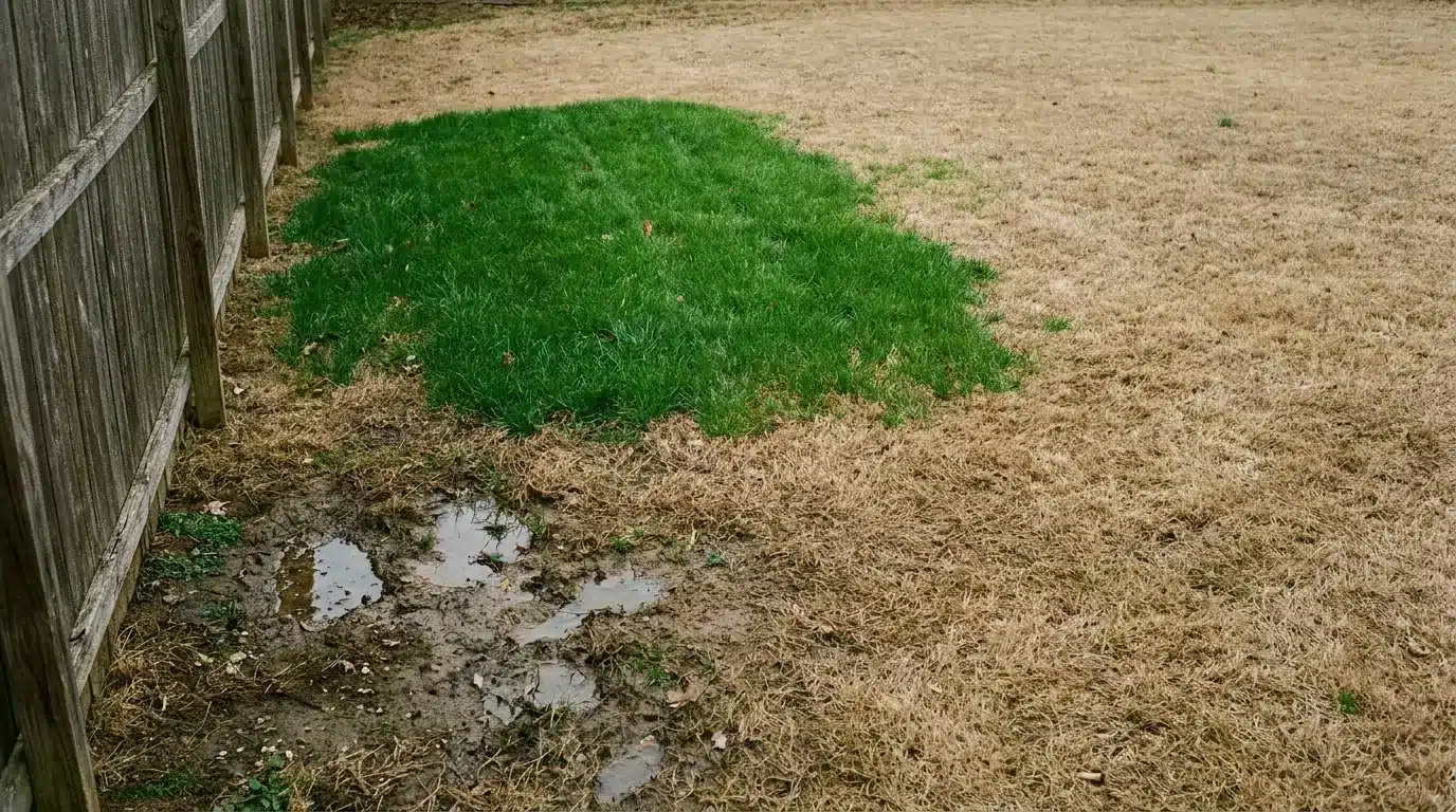 Puddle in muddy patch beside green and brown grass near wooden fence