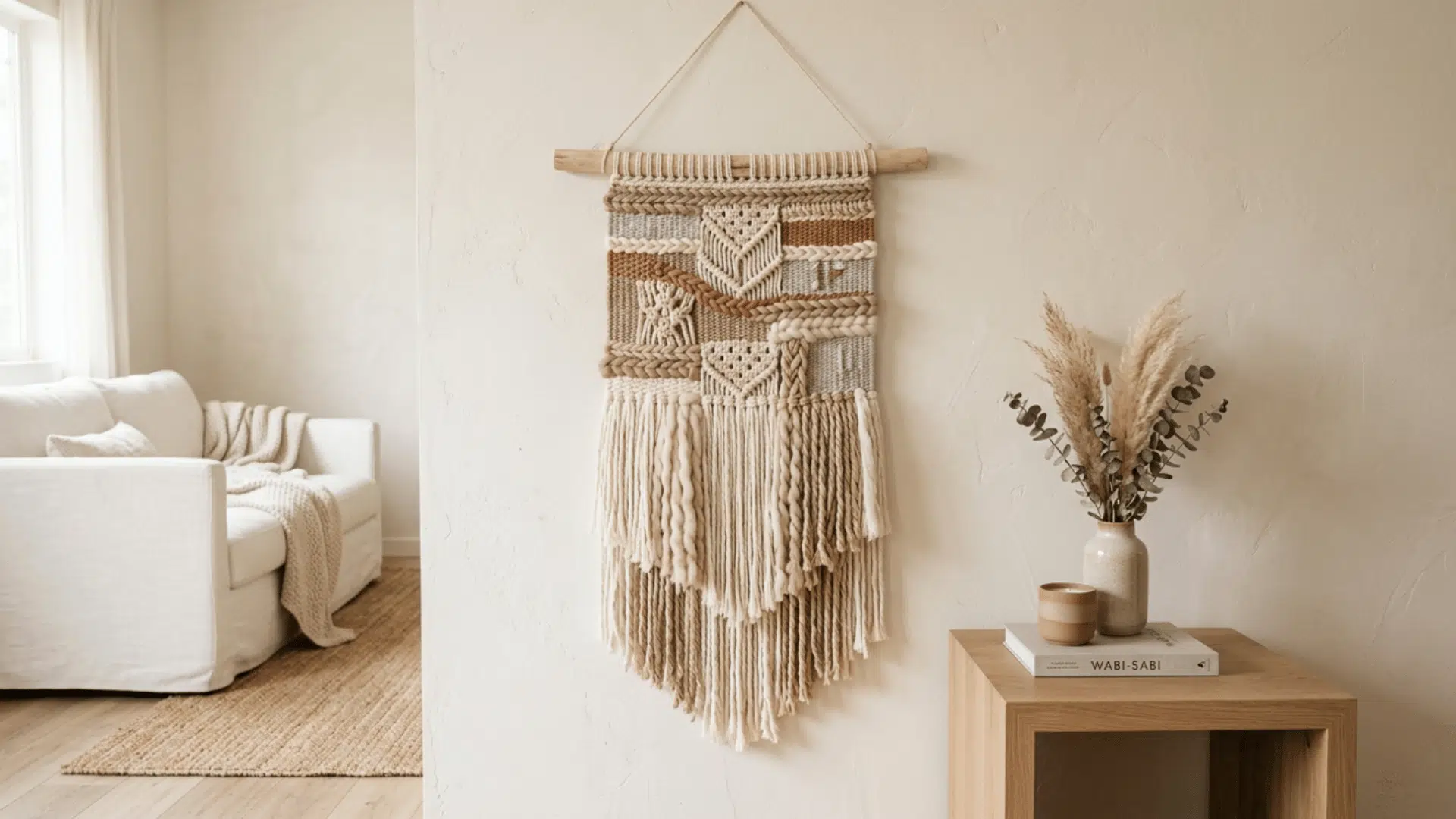 yarn wall hanging with fringe and neutral tones displayed on wall in cozy home setting