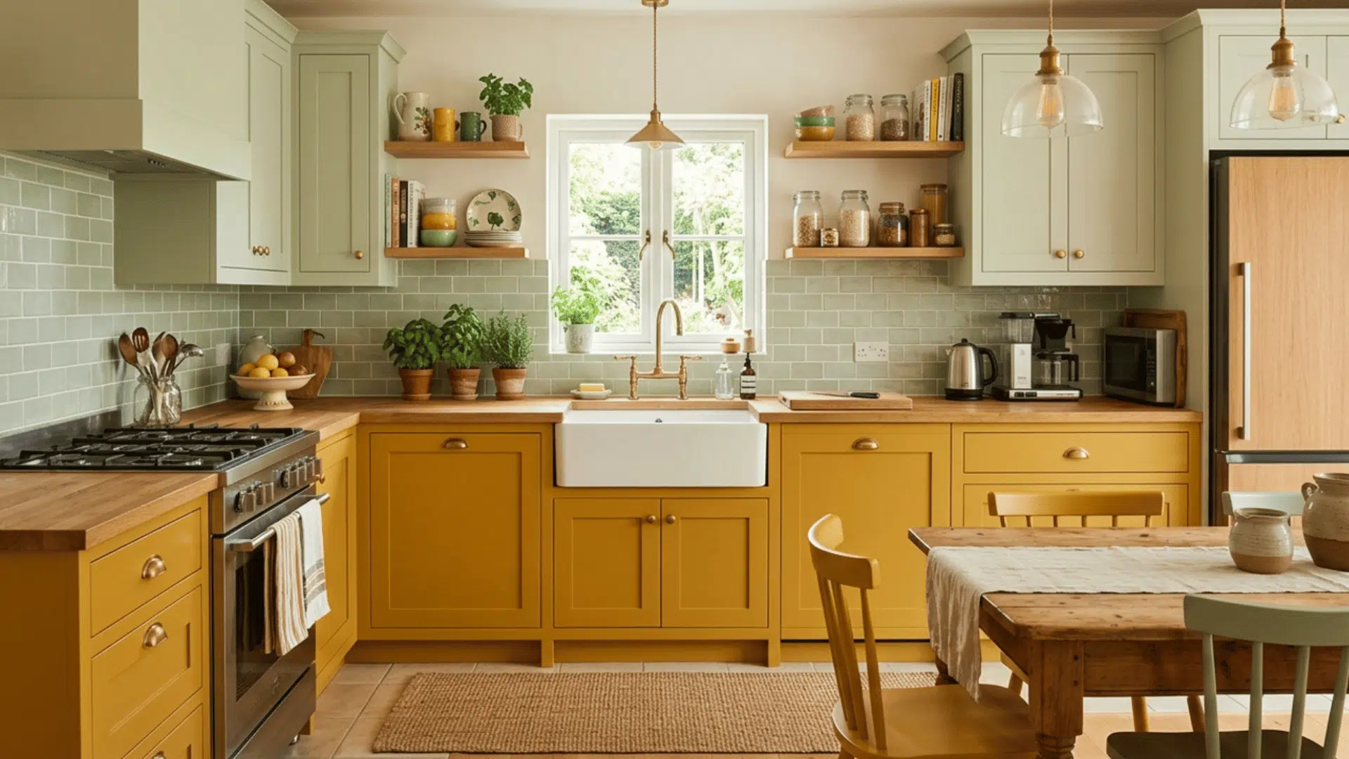 yellow and sage green two tone kitchen cabinets with warm wood countertops, bright natural light and cozy farmhouse feel
