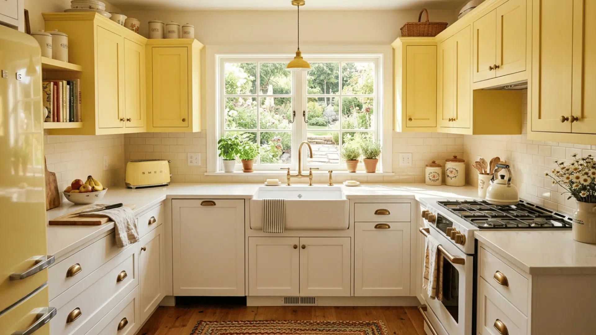 yellow and white two tone kitchen cabinets with warm lighting, bright space and clean modern layout