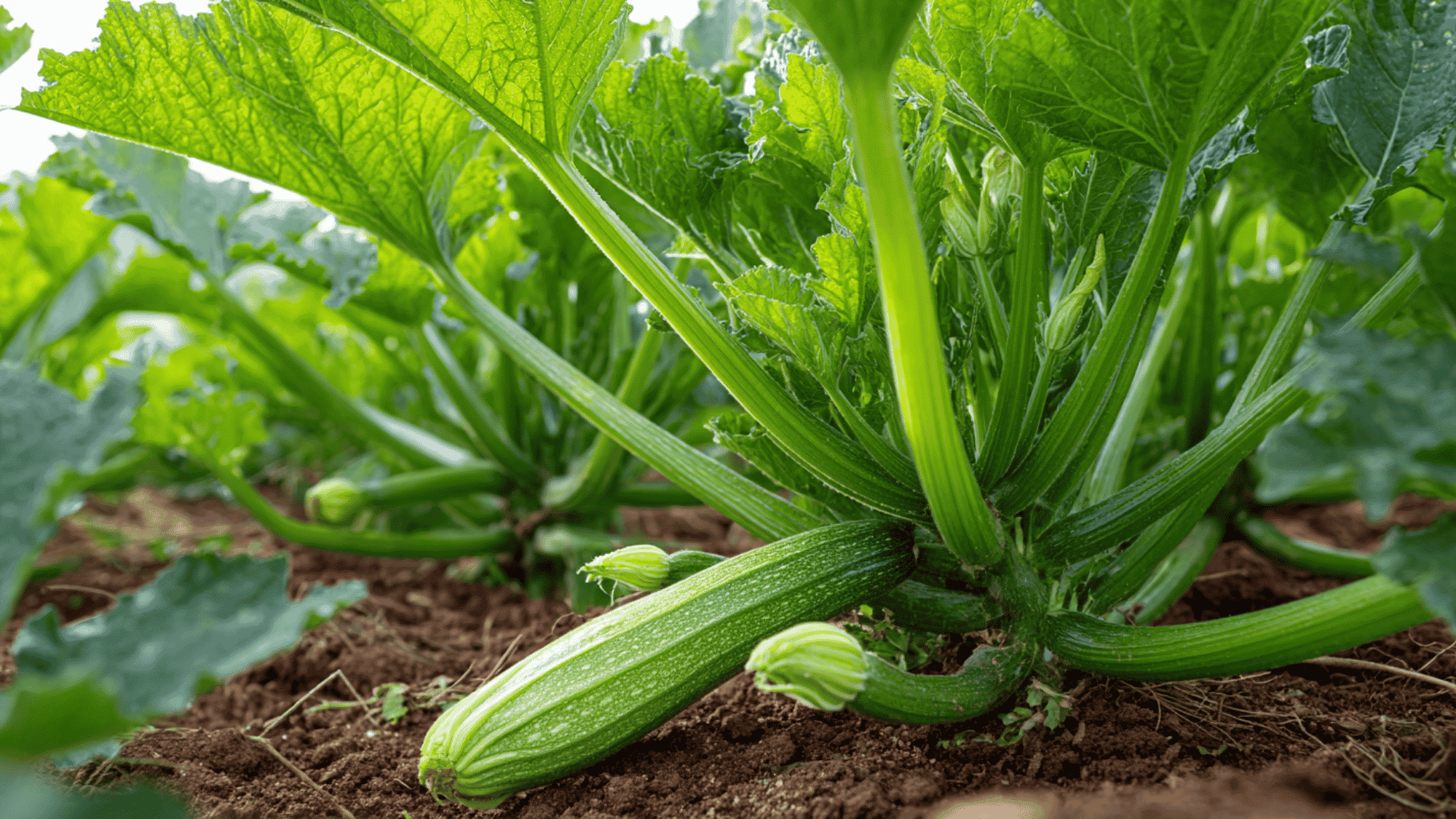 zucchini plant with large green leaves and fresh vegetables growing in home garden soil