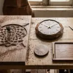 Wooden table with intricately carved wood, unfinished clock, chisels, and tray in a woodworking studio