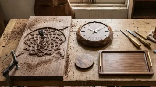 Wooden table with intricately carved wood, unfinished clock, chisels, and tray in a woodworking studio