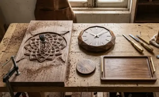 Wooden table with intricately carved wood, unfinished clock, chisels, and tray in a woodworking studio