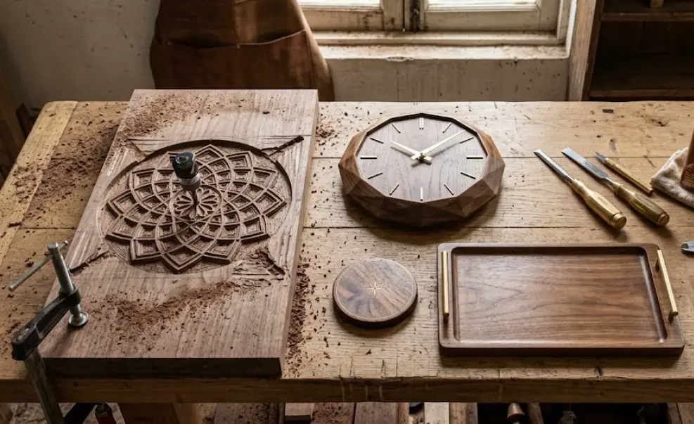 Wooden table with intricately carved wood, unfinished clock, chisels, and tray in a woodworking studio