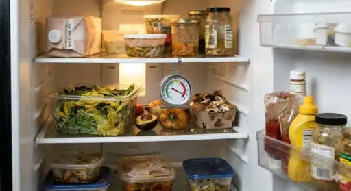 Refrigerator interior with various food containers, produce, jars, and a hanging thermometer