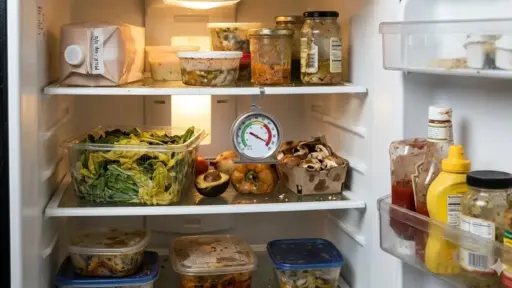 Refrigerator interior with various food containers, produce, jars, and a hanging thermometer