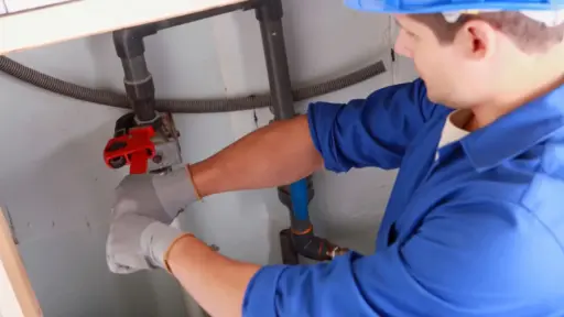 Worker in blue uniform using wrench on pipes under sink in utility room