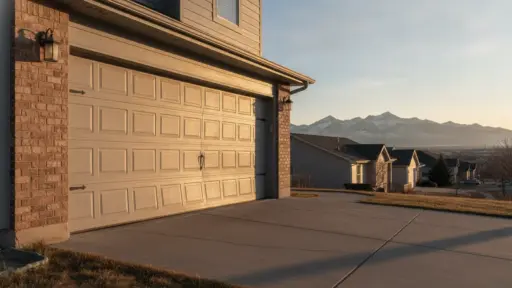 Garage door of suburban house at sunset with mountain view in the background