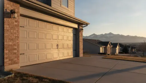 Garage door of suburban house at sunset with mountain view in the background