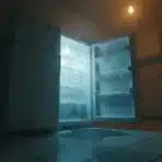 Open freezer with heavy frost and icicles in dimly lit kitchen setting