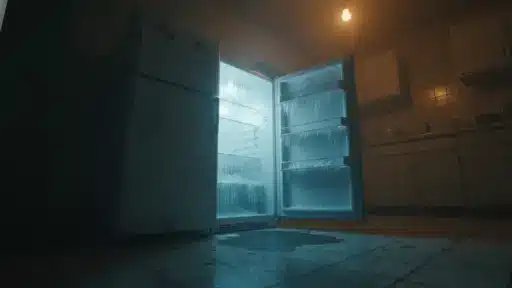 Open freezer with heavy frost and icicles in dimly lit kitchen setting