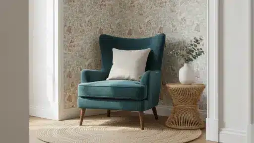 Teal armchair with white pillow next to wicker side table and vase in cozy room
