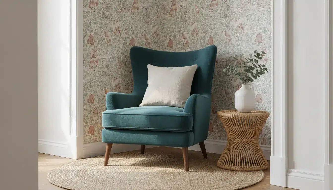 Teal armchair with white pillow next to wicker side table and vase in cozy room