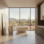 Modern bathroom with freestanding tub and large window overlooking desert landscape
