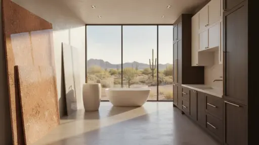 Modern bathroom with freestanding tub and large window overlooking desert landscape
