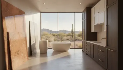 Modern bathroom with freestanding tub and large window overlooking desert landscape