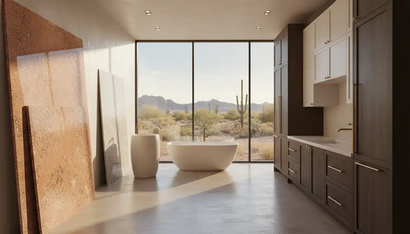 Modern bathroom with freestanding tub and large window overlooking desert landscape