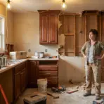 Person standing in partially renovated kitchen with tools and wooden cabinets