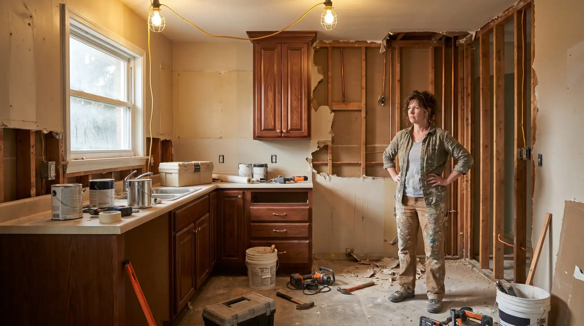 Person standing in partially renovated kitchen with tools and wooden cabinets