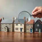 Miniature houses on wooden surface with hand holding magnifying glass over one house