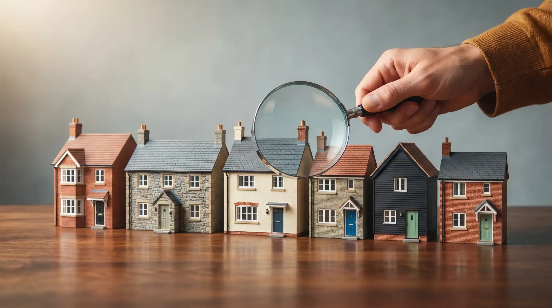 Miniature houses on wooden surface with hand holding magnifying glass over one house