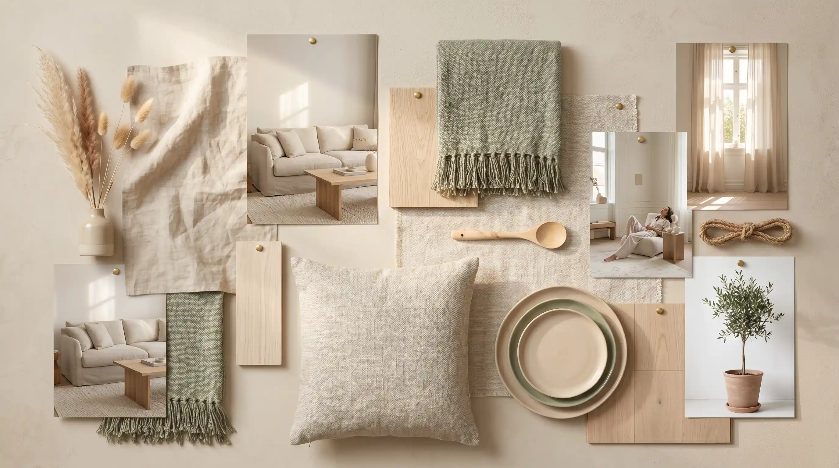A beige and sage green mood board featuring swatches of linen, wood samples, a green throw blanket, a throw pillow, neutral plates, and photos of natural light