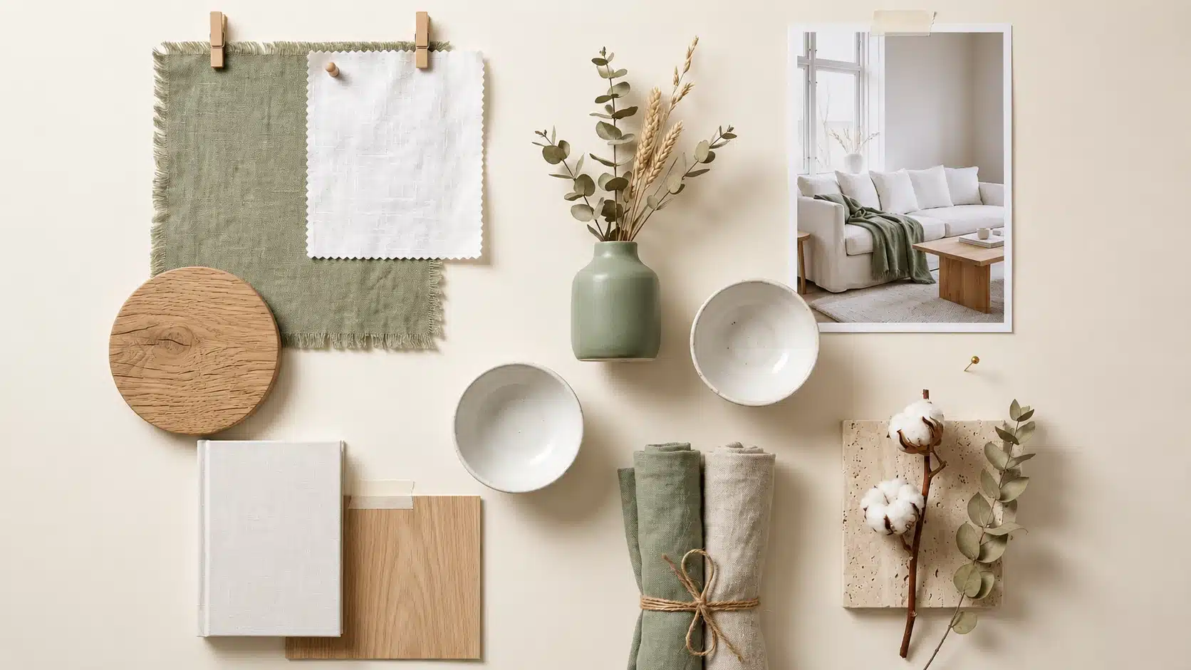 A beige mood board featuring natural textures like sage green and white linen, oak wood samples, ceramic bowls, a small green vase with eucalyptus, cotton stems, and an inspirational photo of a light living room